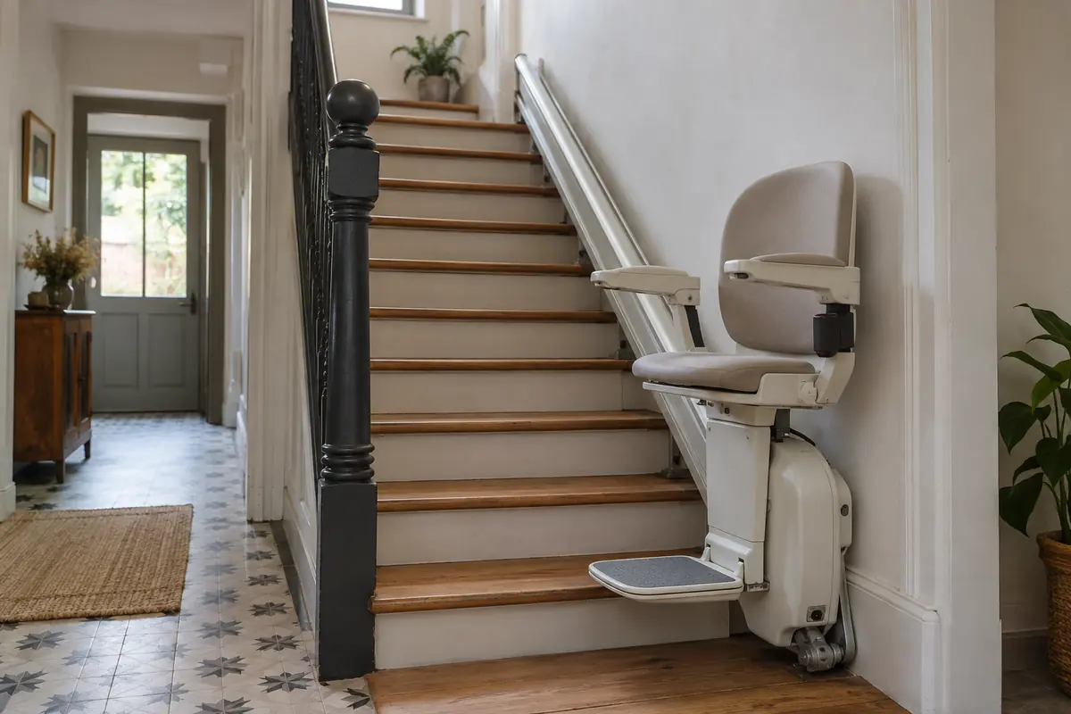 Siège monte-escalier et rail sur un escalier intérieur droit